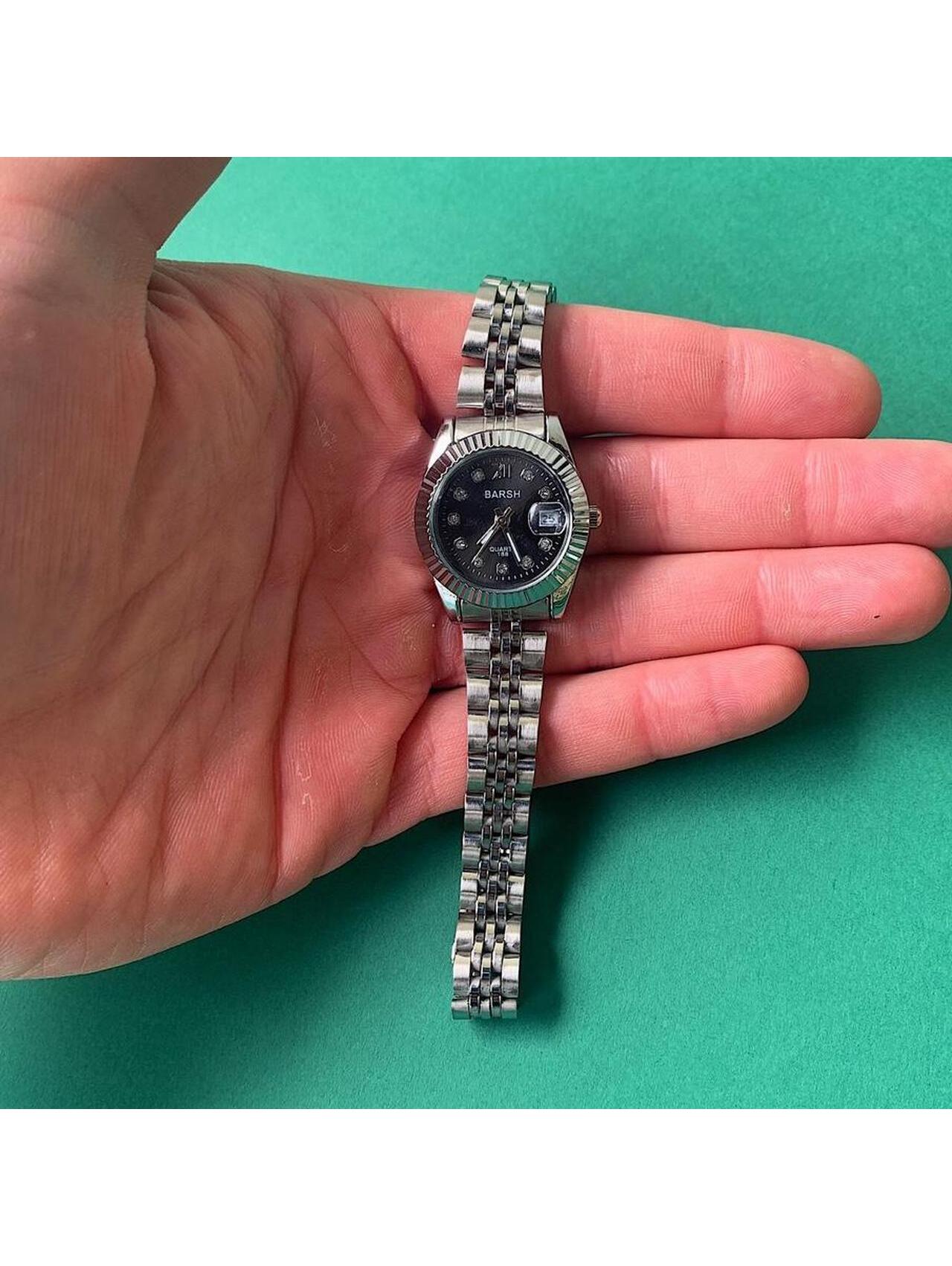 Classy Y2k Style Silver And Black Watch With Diamond Accents